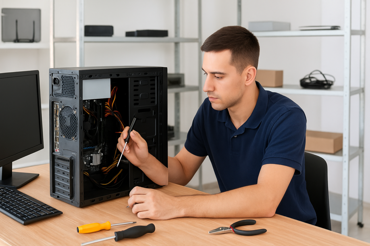 Computer technician repairing a desktop PC at a tech service center