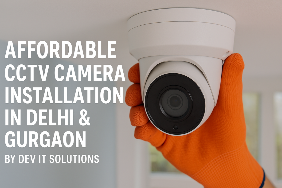 Technician installing a dome CCTV camera with orange gloves in a modern indoor space, promoting affordable CCTV installation in Delhi and Gurgaon by Dev IT Solutions.