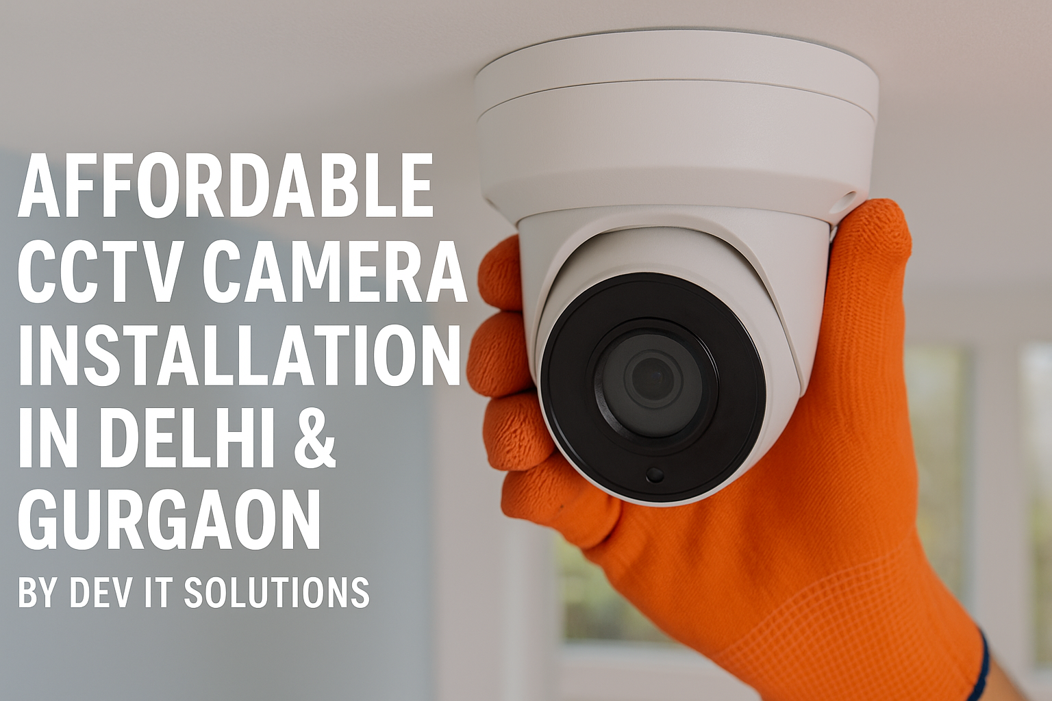 Technician installing a dome CCTV camera with orange gloves in a modern indoor space, promoting affordable CCTV installation in Delhi and Gurgaon by Dev IT Solutions.